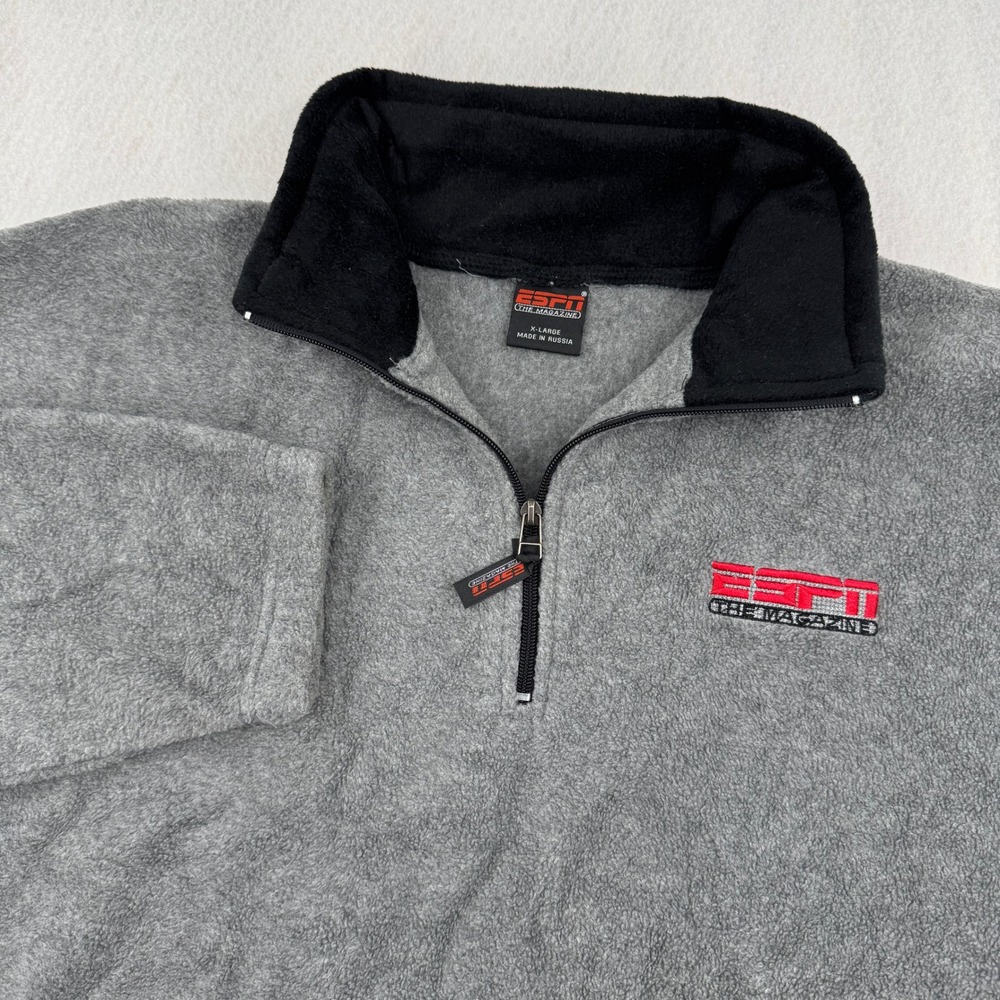 Vintage ESPN The Magazine Mens XL Quarter 1/4 Zip Fleece Pullover Gray Outdoors